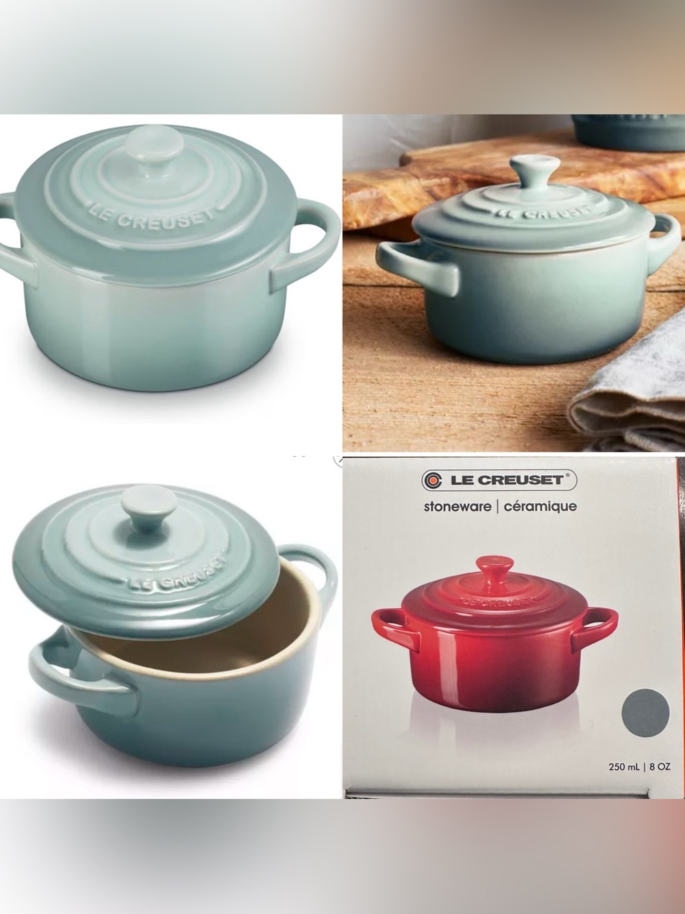 NWT Le Creuset 8oz Stoneware Mini Cocotte - sea salt - SET of 2